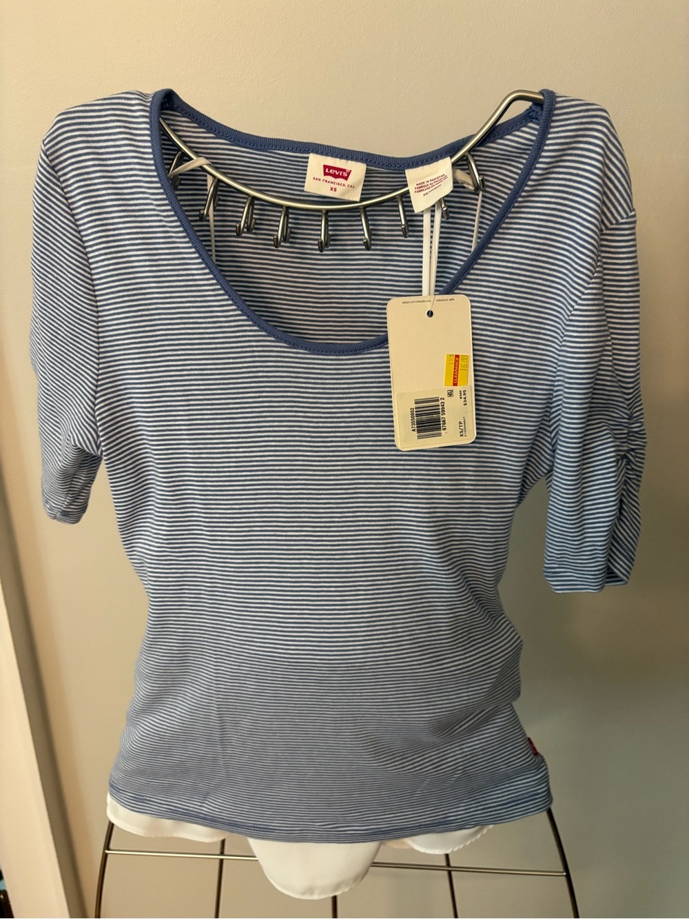 Levi's Women's Light Blue and White Striped Scoop Neck Tee. NWT